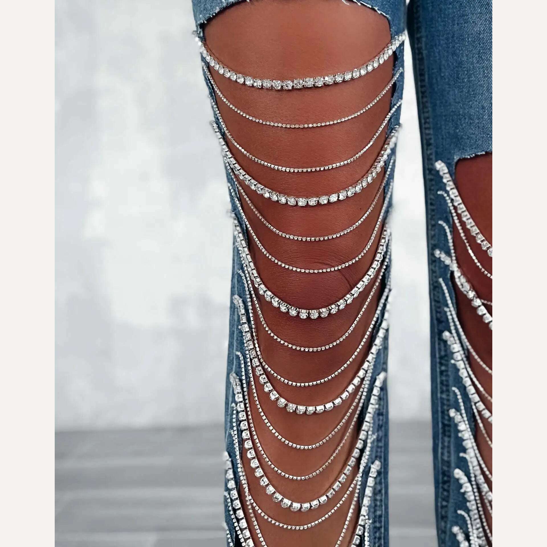 2023 Spring Summer Straight Jeans Women Holes Diamond Rhinstones Solid High Waist Fashion Cotton High Street Denim Pants - KIMLUD