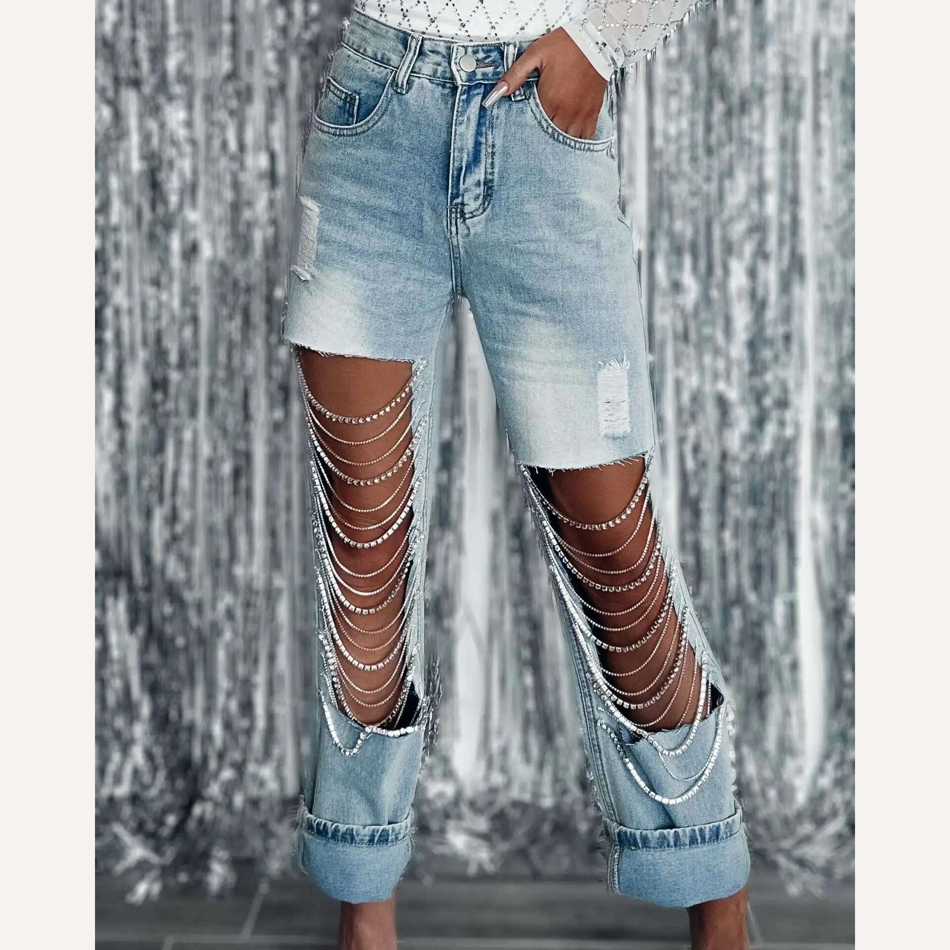 2023 Spring Summer Straight Jeans Women Holes Diamond Rhinstones Solid High Waist Fashion Cotton High Street Denim Pants - KIMLUD
