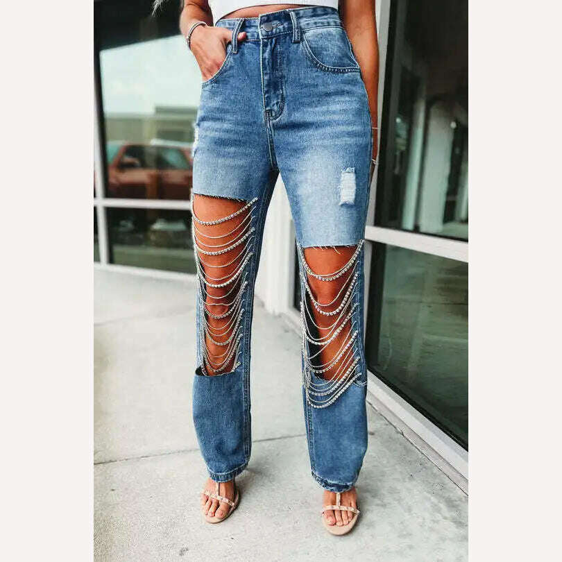 2023 Spring Summer Straight Jeans Women Holes Diamond Rhinstones Solid High Waist Fashion Cotton High Street Denim Pants - KIMLUD
