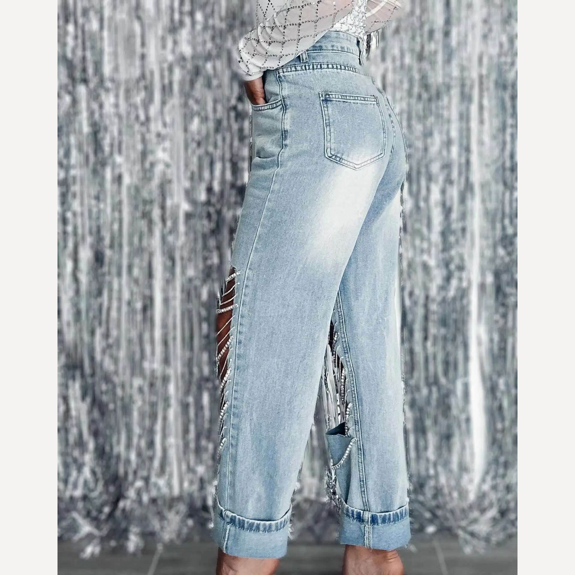 2023 Spring Summer Straight Jeans Women Holes Diamond Rhinstones Solid High Waist Fashion Cotton High Street Denim Pants - KIMLUD
