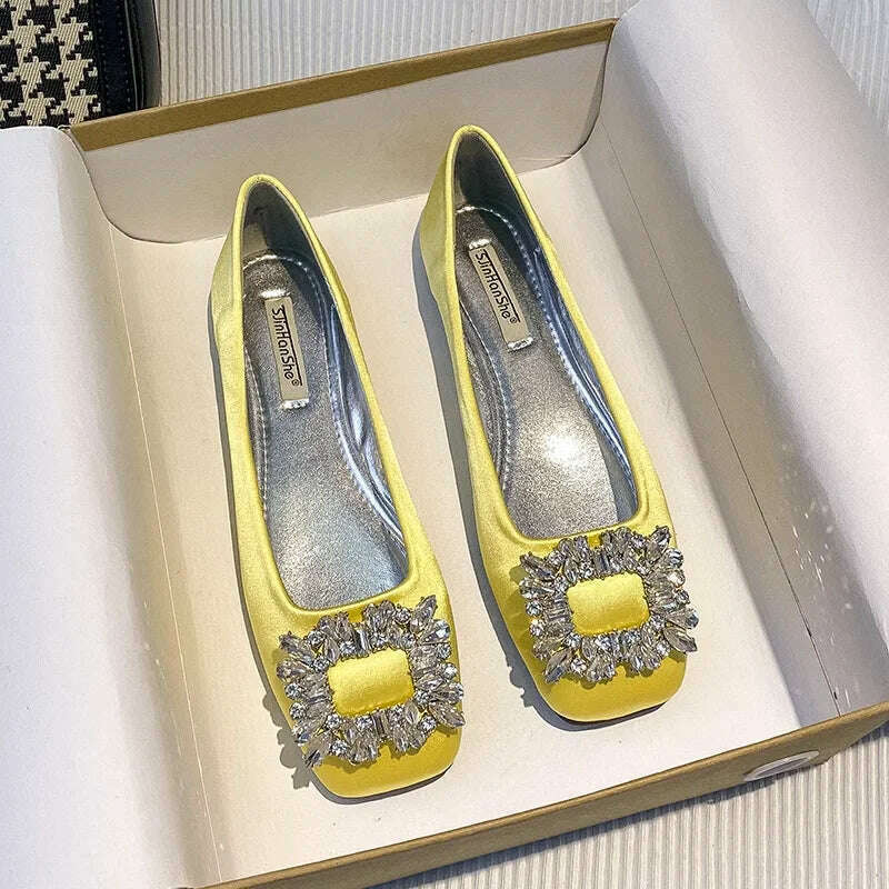 2023 Spring/Summer New Fashion Rhinestone Square Button Flat Bottom Shoes Satin Shallow Mouth Square Head Casual Women's Shoes - KIMLUD