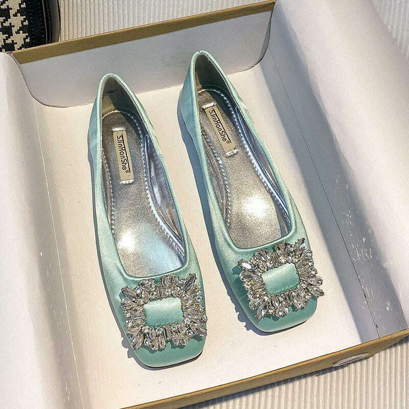 2023 Spring/Summer New Fashion Rhinestone Square Button Flat Bottom Shoes Satin Shallow Mouth Square Head Casual Women's Shoes - KIMLUD
