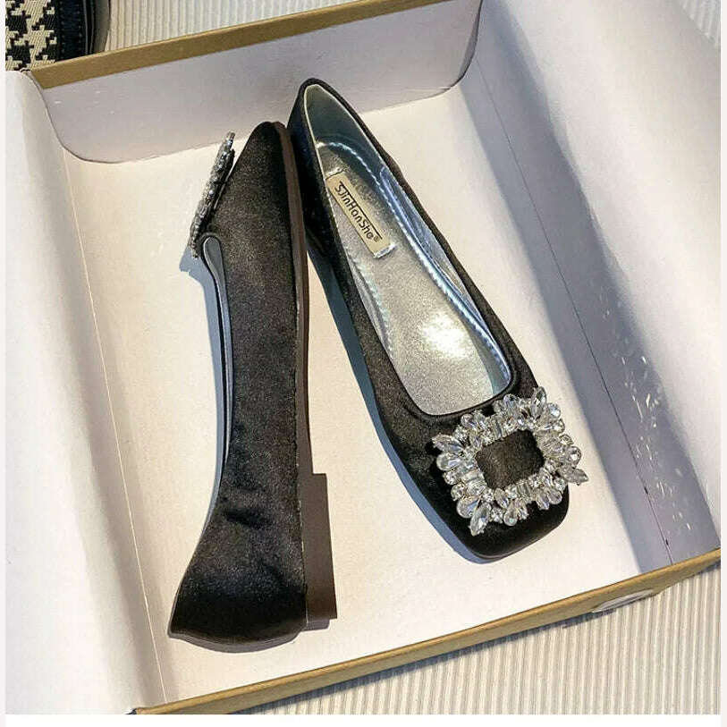 2023 Spring/Summer New Fashion Rhinestone Square Button Flat Bottom Shoes Satin Shallow Mouth Square Head Casual Women's Shoes - KIMLUD