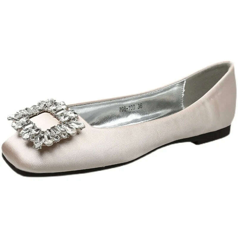 2023 Spring/Summer New Fashion Rhinestone Square Button Flat Bottom Shoes Satin Shallow Mouth Square Head Casual Women's Shoes - KIMLUD