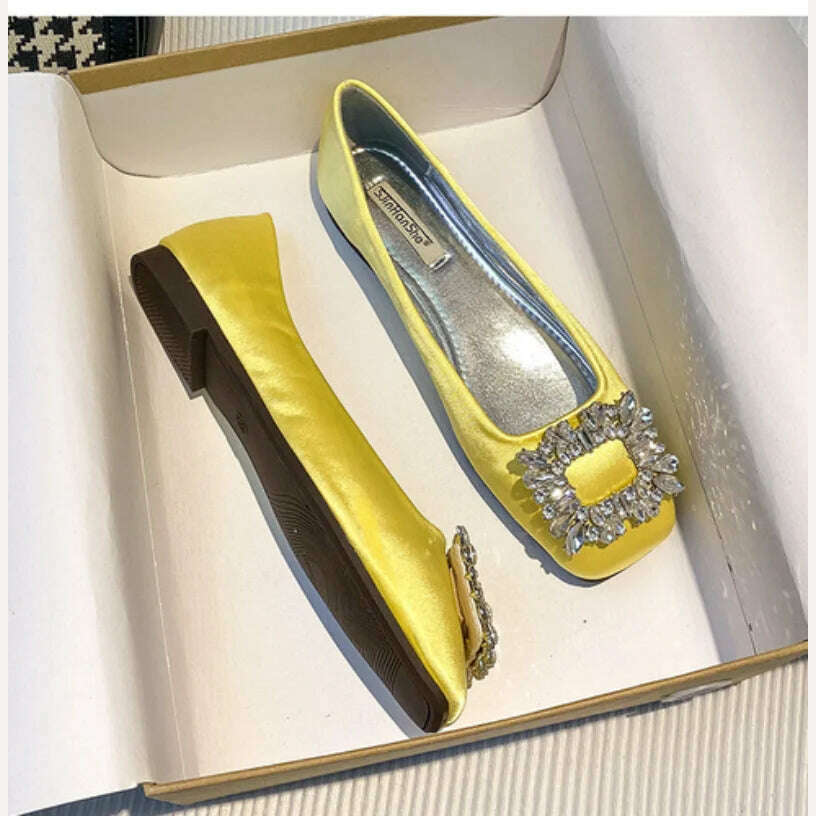 2023 Spring/Summer New Fashion Rhinestone Square Button Flat Bottom Shoes Satin Shallow Mouth Square Head Casual Women's Shoes - KIMLUD