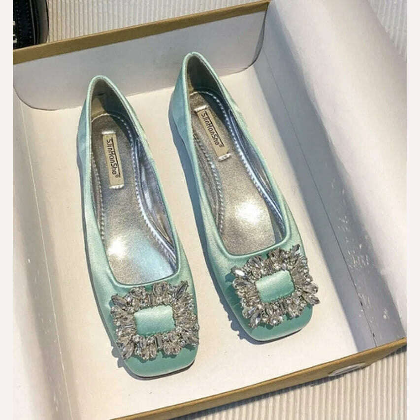 2023 Spring/Summer New Fashion Rhinestone Square Button Flat Bottom Shoes Satin Shallow Mouth Square Head Casual Women's Shoes - KIMLUD