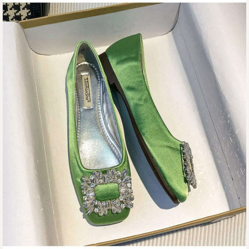 KIMLUD, 2023 Spring/Summer New Fashion Rhinestone Square Button Flat Bottom Shoes Satin Shallow Mouth Square Head Casual Women's Shoes, Green / 44, KIMLUD Women's Clothes