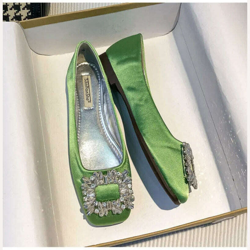 2023 Spring/Summer New Fashion Rhinestone Square Button Flat Bottom Shoes Satin Shallow Mouth Square Head Casual Women's Shoes - KIMLUD
