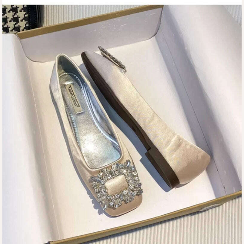 2023 Spring/Summer New Fashion Rhinestone Square Button Flat Bottom Shoes Satin Shallow Mouth Square Head Casual Women's Shoes - KIMLUD