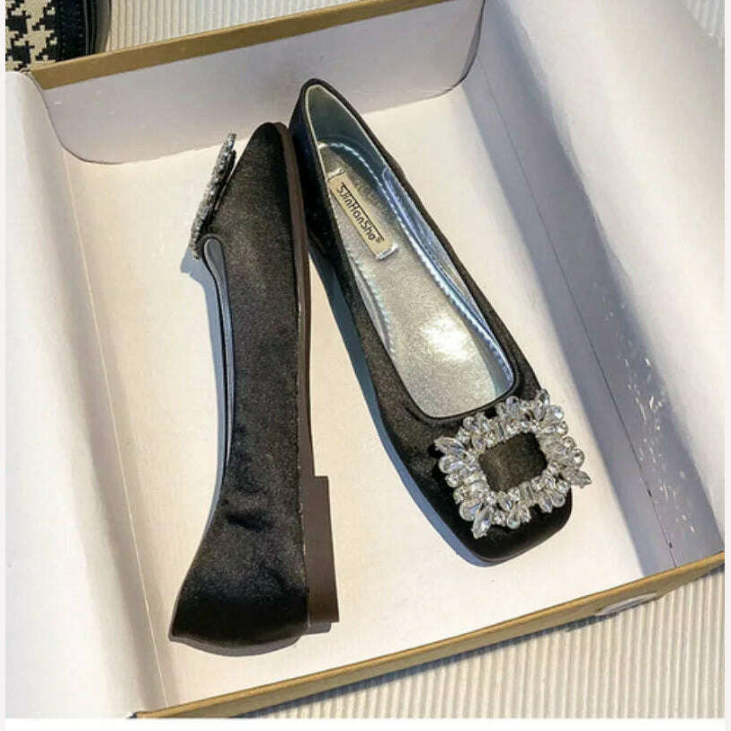 2023 Spring/Summer New Fashion Rhinestone Square Button Flat Bottom Shoes Satin Shallow Mouth Square Head Casual Women's Shoes - KIMLUD