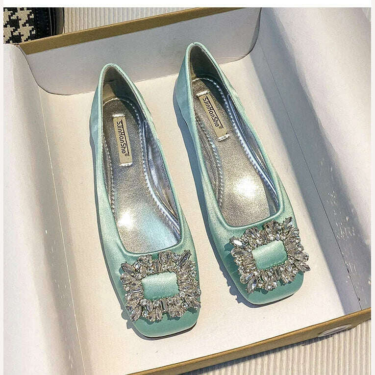 2023 Spring/Summer New Fashion Rhinestone Square Button Flat Bottom Shoes Satin Shallow Mouth Square Head Casual Women's Shoes - KIMLUD