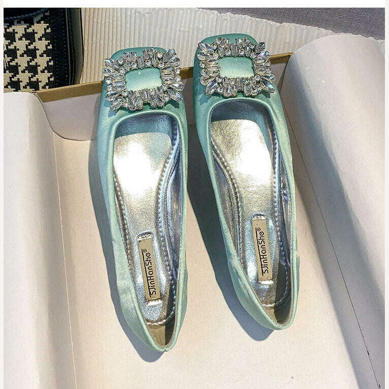 2023 Spring/Summer New Fashion Rhinestone Square Button Flat Bottom Shoes Satin Shallow Mouth Square Head Casual Women's Shoes - KIMLUD