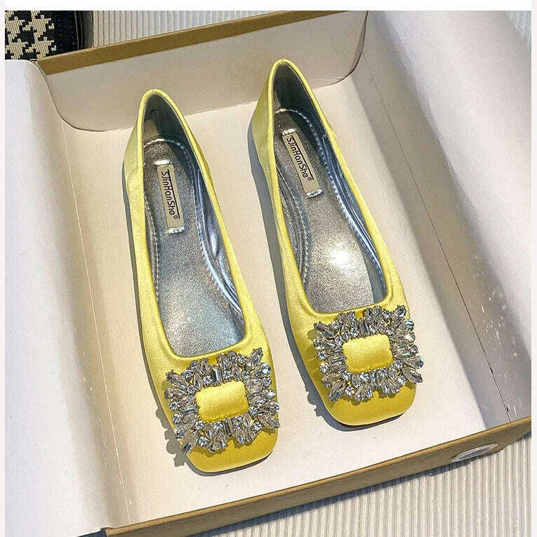 2023 Spring/Summer New Fashion Rhinestone Square Button Flat Bottom Shoes Satin Shallow Mouth Square Head Casual Women's Shoes - KIMLUD