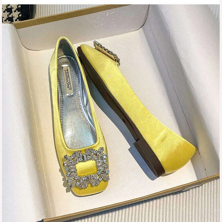 2023 Spring/Summer New Fashion Rhinestone Square Button Flat Bottom Shoes Satin Shallow Mouth Square Head Casual Women's Shoes - KIMLUD