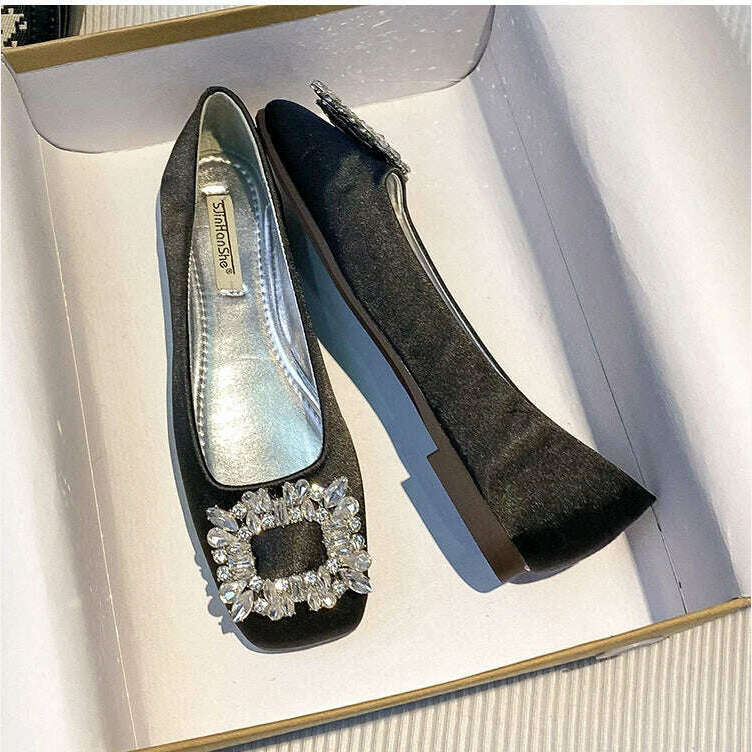 2023 Spring/Summer New Fashion Rhinestone Square Button Flat Bottom Shoes Satin Shallow Mouth Square Head Casual Women's Shoes - KIMLUD
