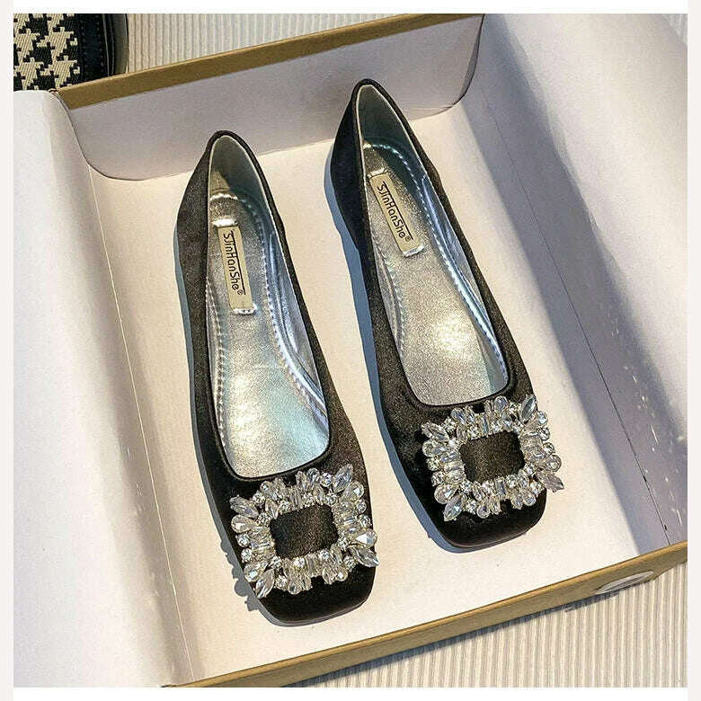 2023 Spring/Summer New Fashion Rhinestone Square Button Flat Bottom Shoes Satin Shallow Mouth Square Head Casual Women's Shoes - KIMLUD