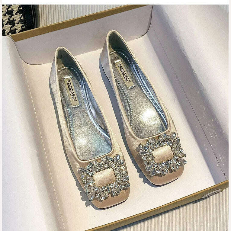 2023 Spring/Summer New Fashion Rhinestone Square Button Flat Bottom Shoes Satin Shallow Mouth Square Head Casual Women's Shoes - KIMLUD