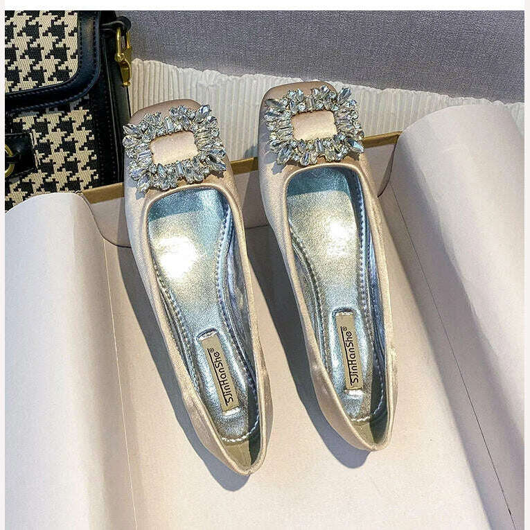 2023 Spring/Summer New Fashion Rhinestone Square Button Flat Bottom Shoes Satin Shallow Mouth Square Head Casual Women's Shoes - KIMLUD