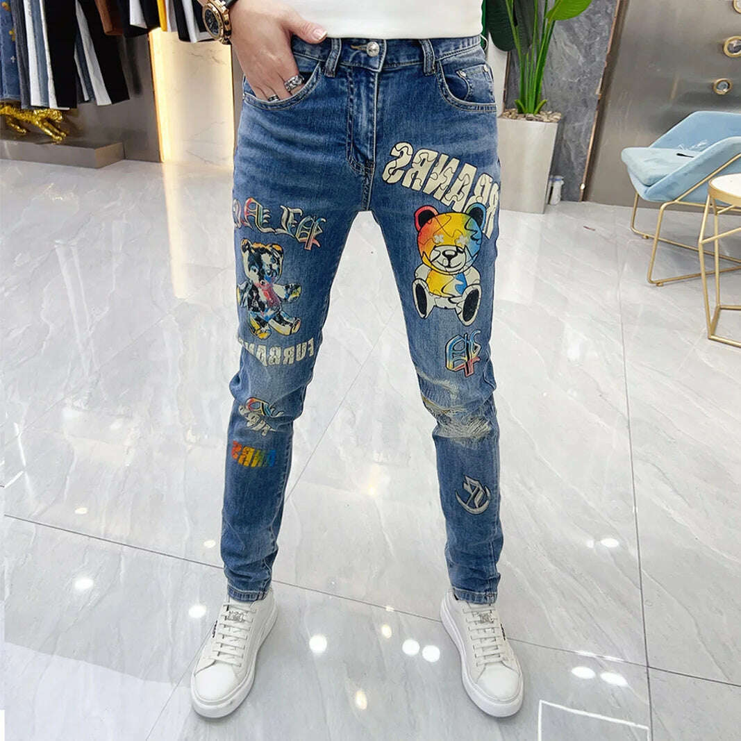 2023 Summer Europe Station Men Blue Jeans Personalized Bear Print High Quality Korean Pants Skinny Jeans Men Jeans Hombre - KIMLUD