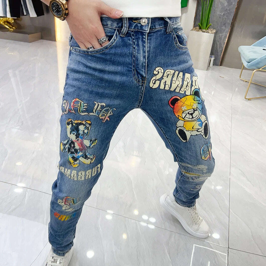 KIMLUD, 2023 Summer Europe Station Men Blue Jeans Personalized Bear Print High Quality Korean Pants Skinny Jeans Men Jeans Hombre, KIMLUD Women's Clothes