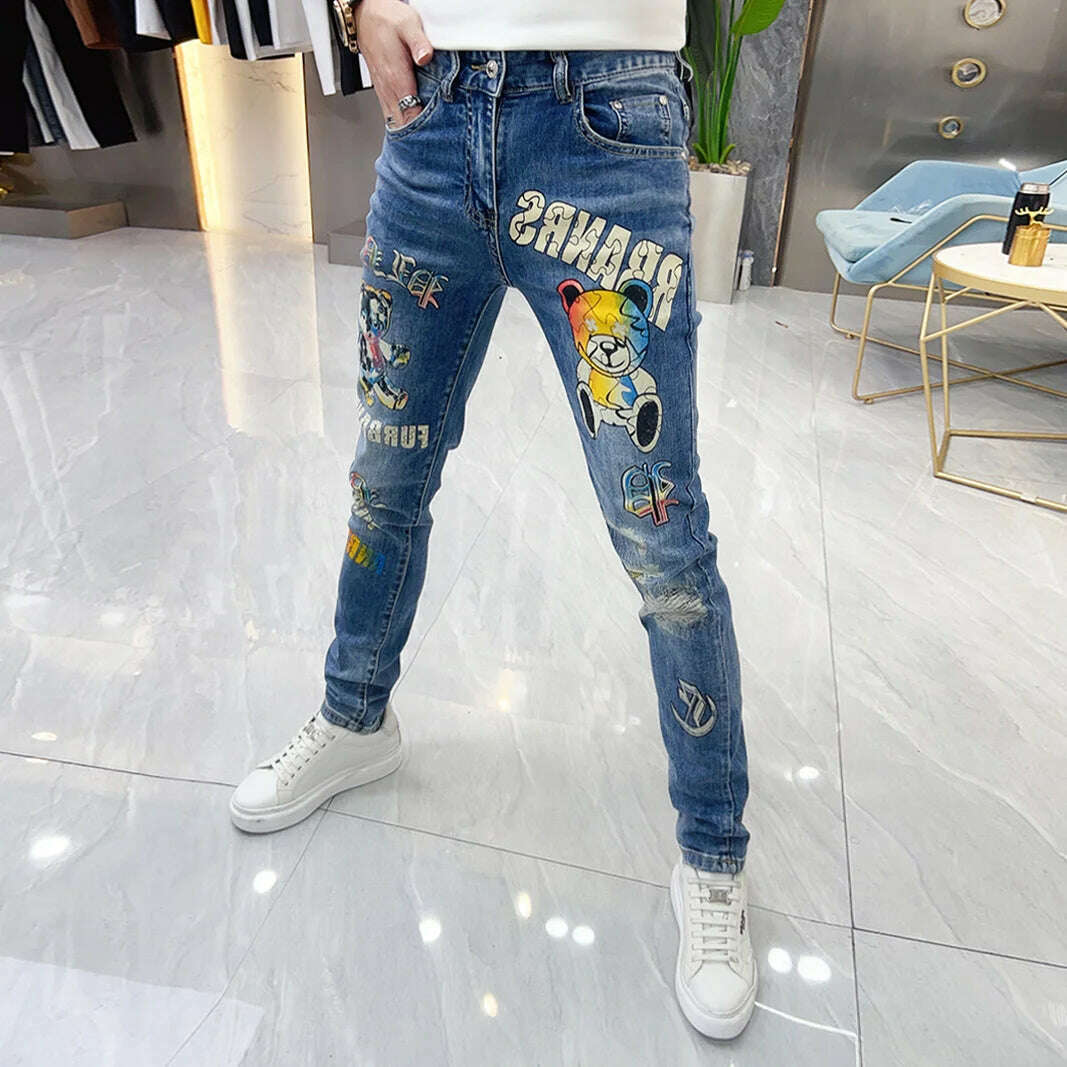 KIMLUD, 2023 Summer Europe Station Men Blue Jeans Personalized Bear Print High Quality Korean Pants Skinny Jeans Men Jeans Hombre, KIMLUD Women's Clothes