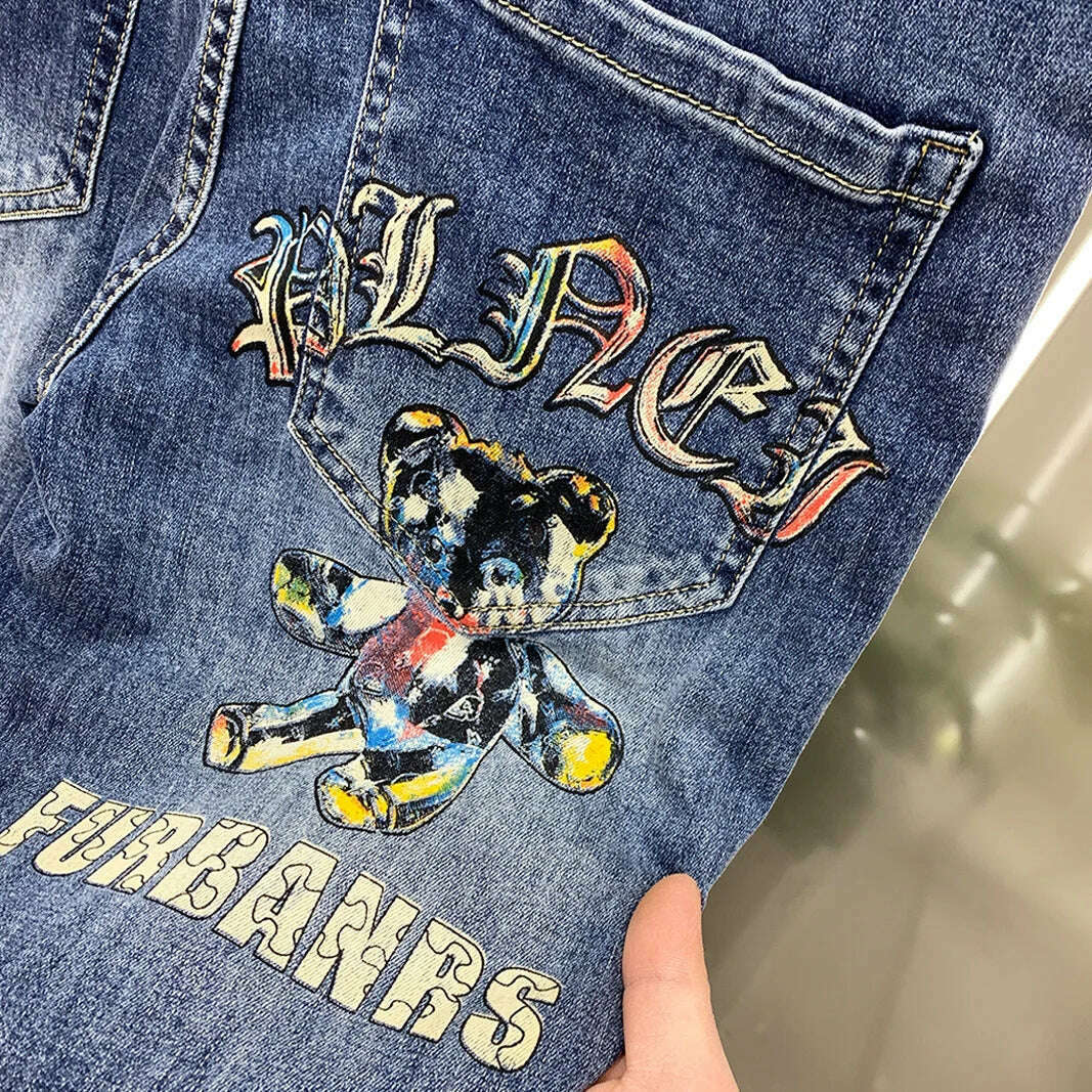 KIMLUD, 2023 Summer Europe Station Men Blue Jeans Personalized Bear Print High Quality Korean Pants Skinny Jeans Men Jeans Hombre, KIMLUD Womens Clothes