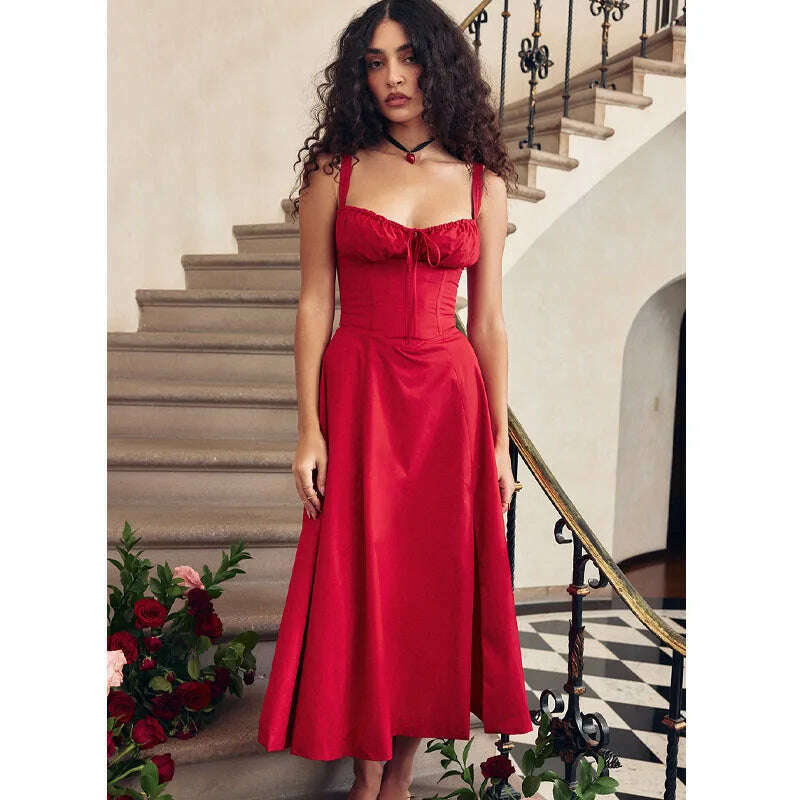 KIMLUD, 2023 summer new French style temperament slit solid color suspender dress female elegant casual long skirt Vestidos, KIMLUD Womens Clothes