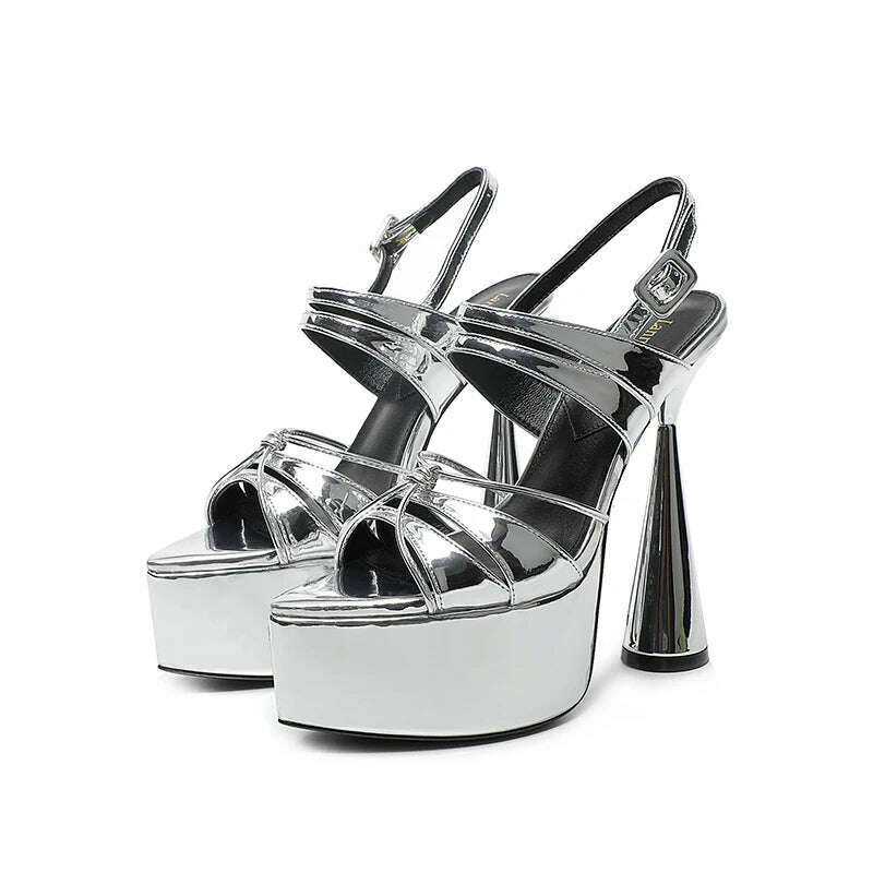 KIMLUD, 2023 Summer New High Heel 14CM Thick Sole Brand Women's Sandals Sexy Party Wedding High Heel Pointed Open Toe Prom Shoes 34-43, Silver / 34 / China, KIMLUD Womens Clothes