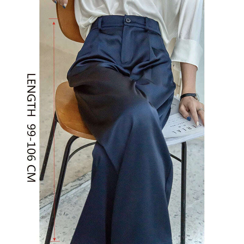 KIMLUD, 2023 Summer New Silk Satin Women's Pants High Waist Casual Black Korean Fashion Wide Leg Suit Pants for Women Trousers Oversize, Regular-DarkBlue / S, KIMLUD Womens Clothes