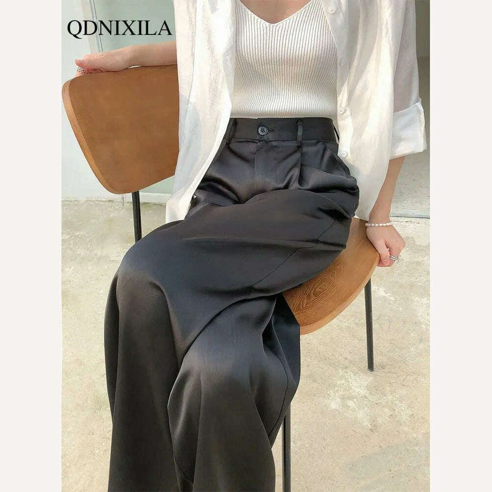 2023 Summer New Silk Satin Women's Pants High Waist Casual Black Korean Fashion Wide Leg Suit Pants for Women Trousers Oversize - KIMLUD
