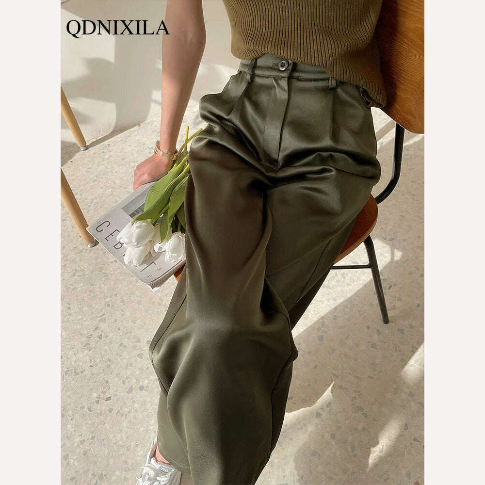 2023 Summer New Silk Satin Women's Pants High Waist Casual Black Korean Fashion Wide Leg Suit Pants for Women Trousers Oversize - KIMLUD