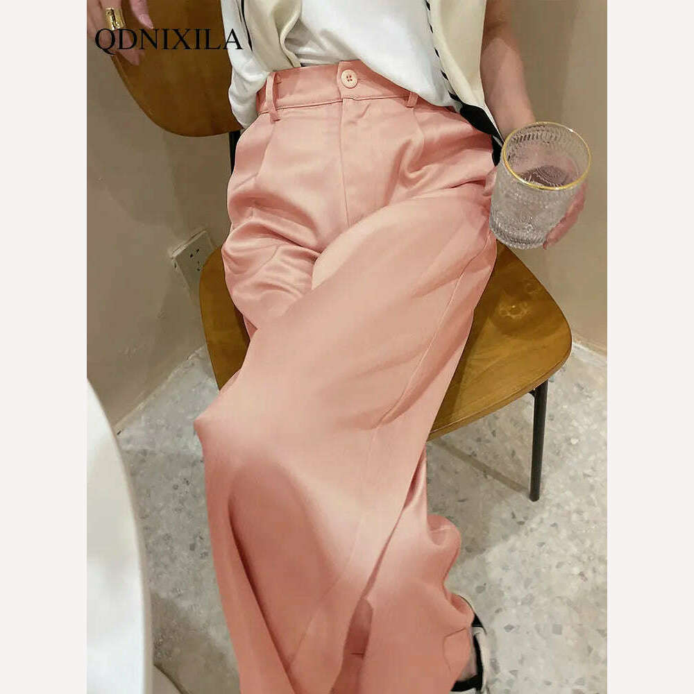 2023 Summer New Silk Satin Women's Pants High Waist Casual Black Korean Fashion Wide Leg Suit Pants for Women Trousers Oversize - KIMLUD