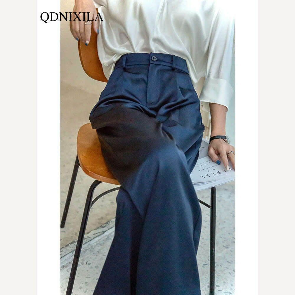 2023 Summer New Silk Satin Women's Pants High Waist Casual Black Korean Fashion Wide Leg Suit Pants for Women Trousers Oversize - KIMLUD