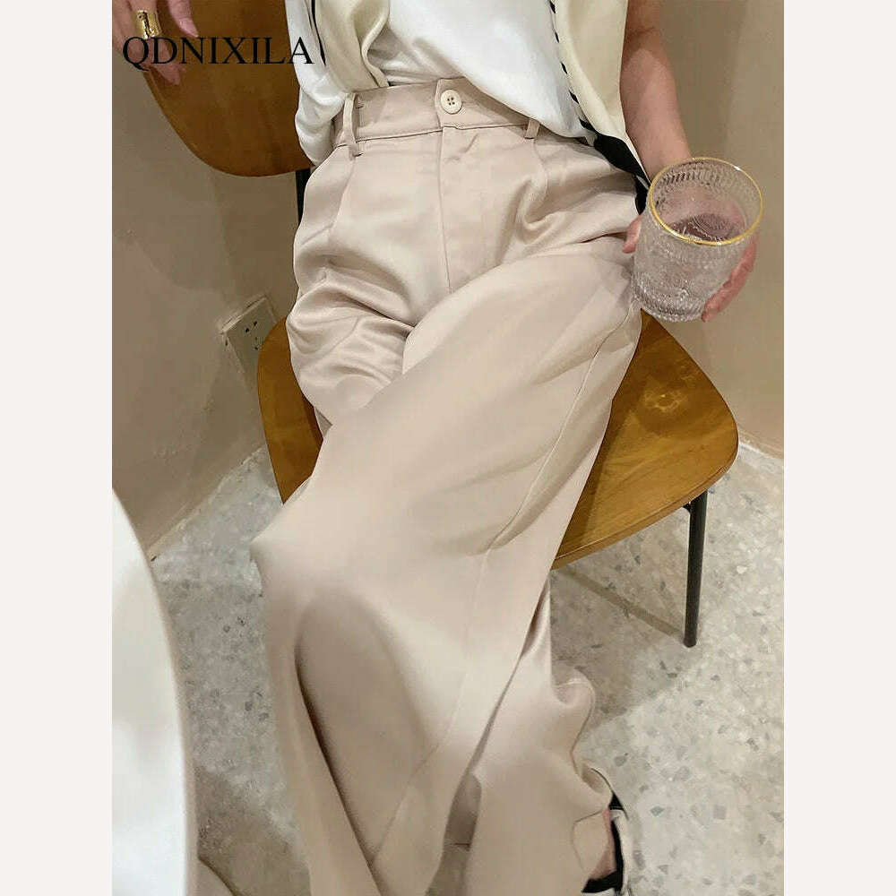 2023 Summer New Silk Satin Women's Pants High Waist Casual Black Korean Fashion Wide Leg Suit Pants for Women Trousers Oversize - KIMLUD