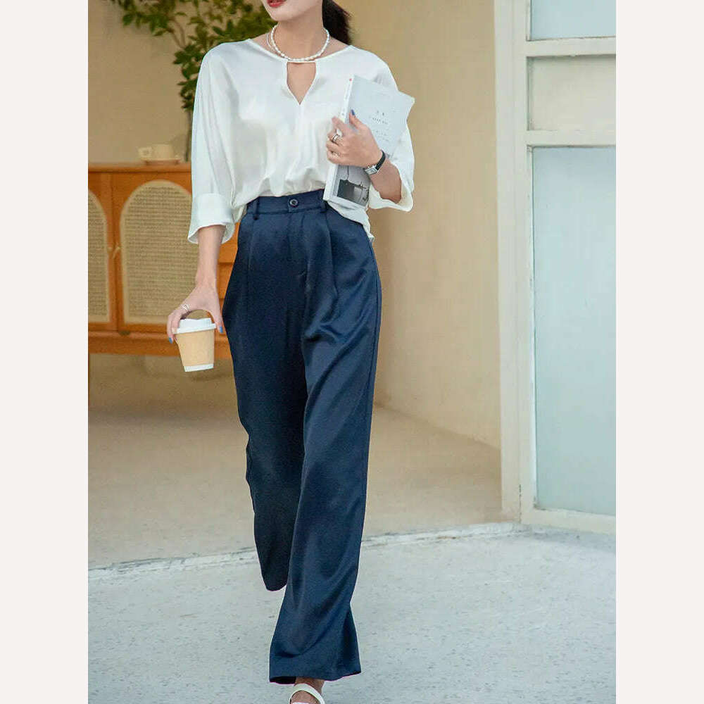 2023 Summer New Silk Satin Women's Pants High Waist Casual Black Korean Fashion Wide Leg Suit Pants for Women Trousers Oversize - KIMLUD