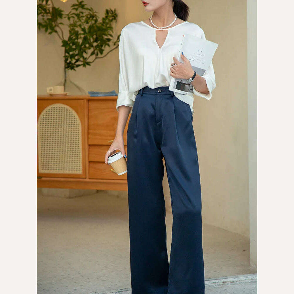 2023 Summer New Silk Satin Women's Pants High Waist Casual Black Korean Fashion Wide Leg Suit Pants for Women Trousers Oversize - KIMLUD