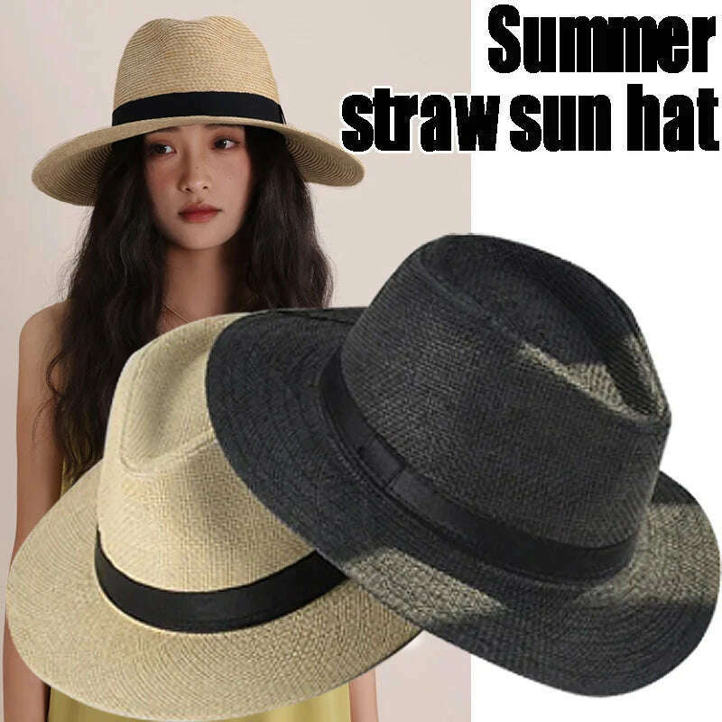 KIMLUD, 2023 Summer Sunscreen Straw Sun Hat Beach Vacation Panama Handwoven Straw Caps Men Women Casual Sunshade Gangster Cap Bucket Hat, KIMLUD Womens Clothes
