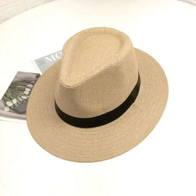 KIMLUD, 2023 Summer Sunscreen Straw Sun Hat Beach Vacation Panama Handwoven Straw Caps Men Women Casual Sunshade Gangster Cap Bucket Hat, 01-khaki, KIMLUD Womens Clothes