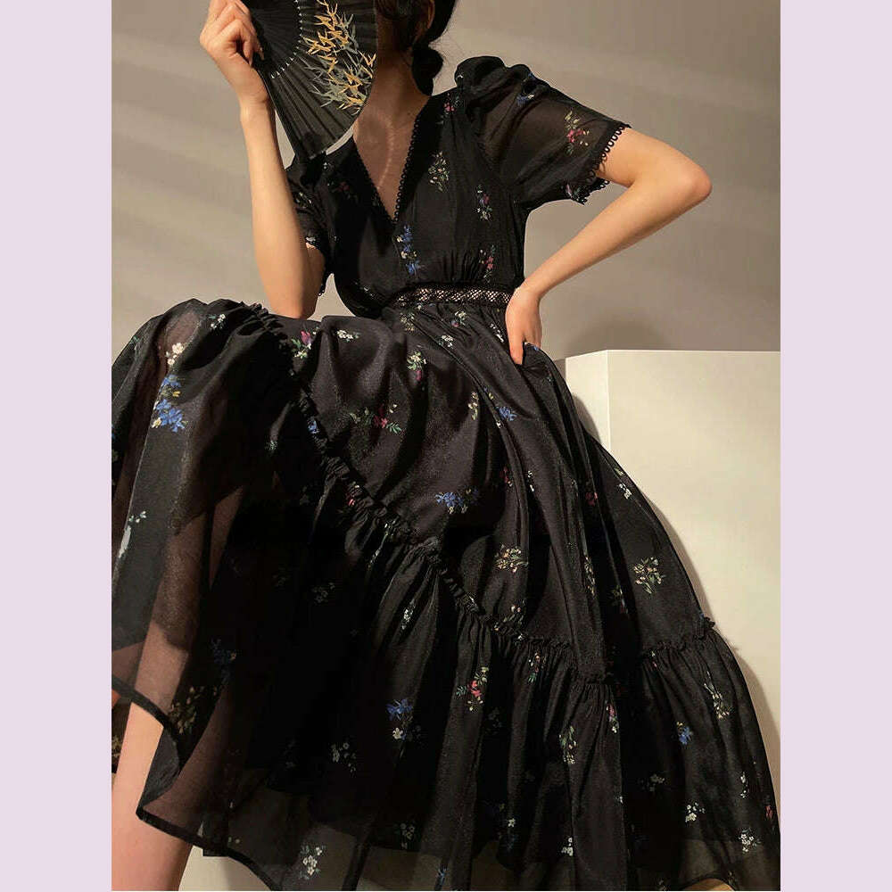 KIMLUD, 2023 Summer Vintage Floral Midi Fairy Dress Women Black Short Sleeve Elegant Sexy Dress Beach Casual Korean Evening Party Dress, KIMLUD Womens Clothes