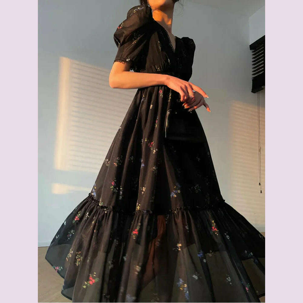 KIMLUD, 2023 Summer Vintage Floral Midi Fairy Dress Women Black Short Sleeve Elegant Sexy Dress Beach Casual Korean Evening Party Dress, KIMLUD Womens Clothes