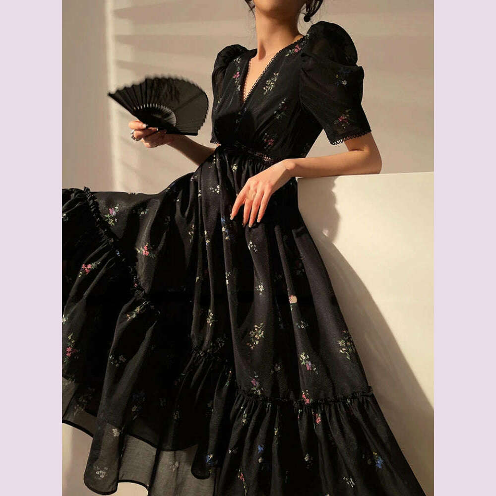 KIMLUD, 2023 Summer Vintage Floral Midi Fairy Dress Women Black Short Sleeve Elegant Sexy Dress Beach Casual Korean Evening Party Dress, KIMLUD Womens Clothes