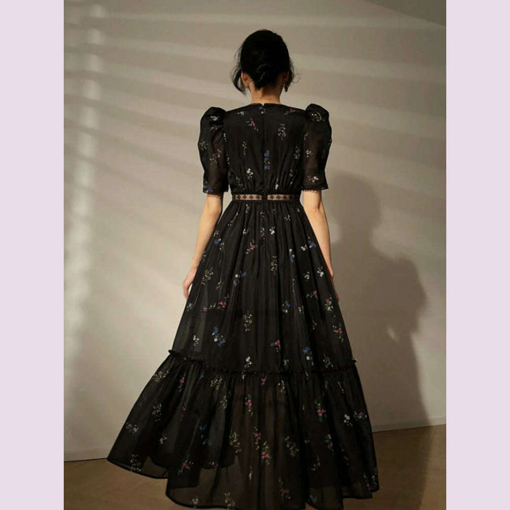 KIMLUD, 2023 Summer Vintage Floral Midi Fairy Dress Women Black Short Sleeve Elegant Sexy Dress Beach Casual Korean Evening Party Dress, KIMLUD Womens Clothes