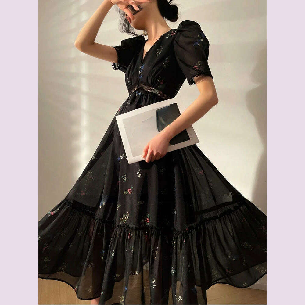 KIMLUD, 2023 Summer Vintage Floral Midi Fairy Dress Women Black Short Sleeve Elegant Sexy Dress Beach Casual Korean Evening Party Dress, KIMLUD Womens Clothes