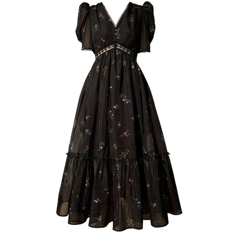 KIMLUD, 2023 Summer Vintage Floral Midi Fairy Dress Women Black Short Sleeve Elegant Sexy Dress Beach Casual Korean Evening Party Dress, Fairy Dress / S, KIMLUD Womens Clothes