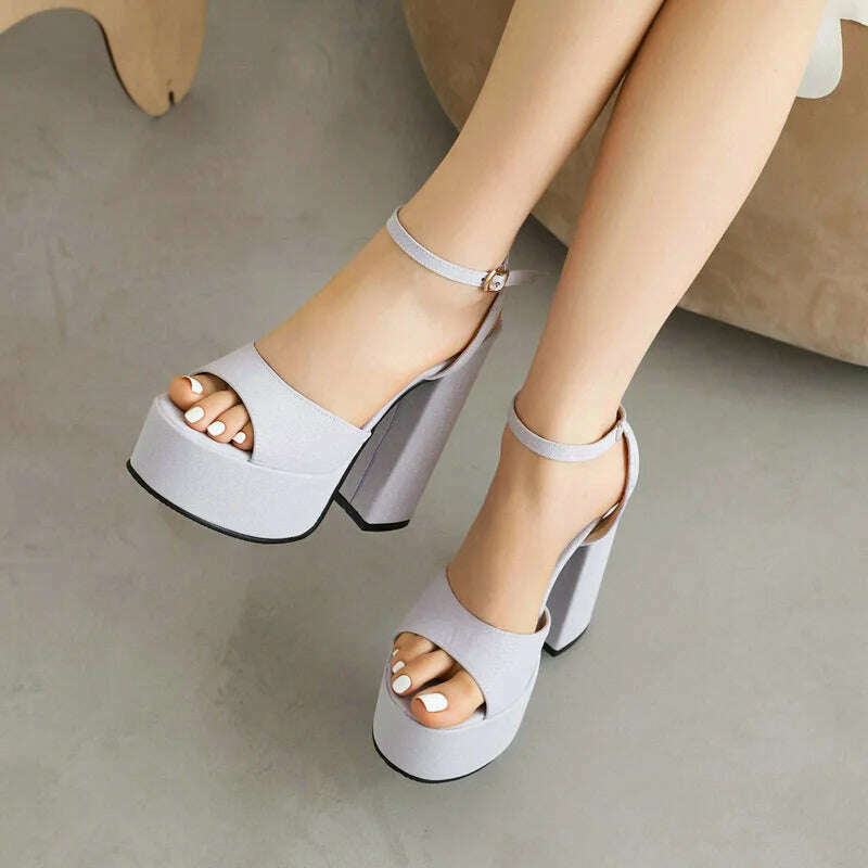 KIMLUD, 2023 Summer Women High Heel Shoes Platform Square High Heel Ladies Sandals PU Leather Open Toe Buckle Party Women's Shoes, KIMLUD Women's Clothes