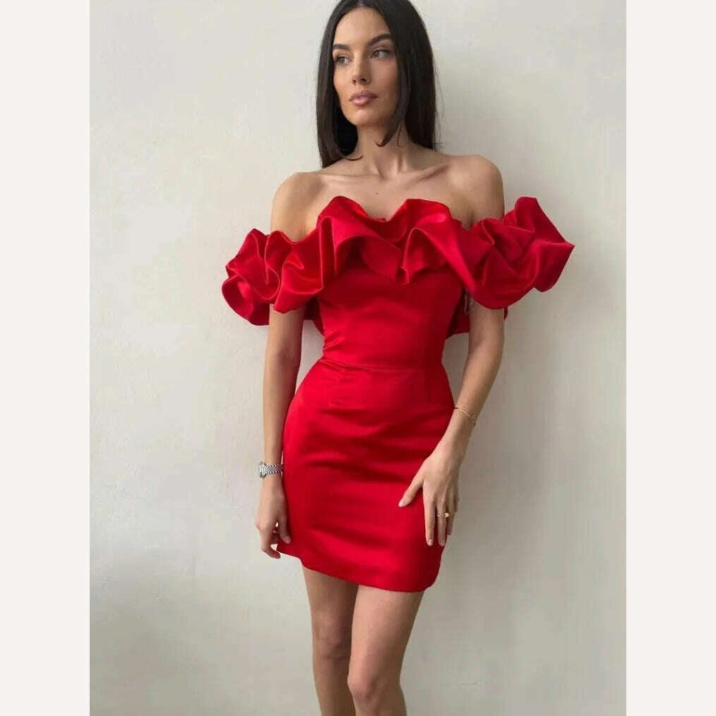 KIMLUD, 2023 Summer Women Ruffles Slash Neck Bodycon Package Hip Party Dress Sexy Streetwear Backless Strapless Mini Evening Dresses Y2K, Red / XS, KIMLUD Womens Clothes