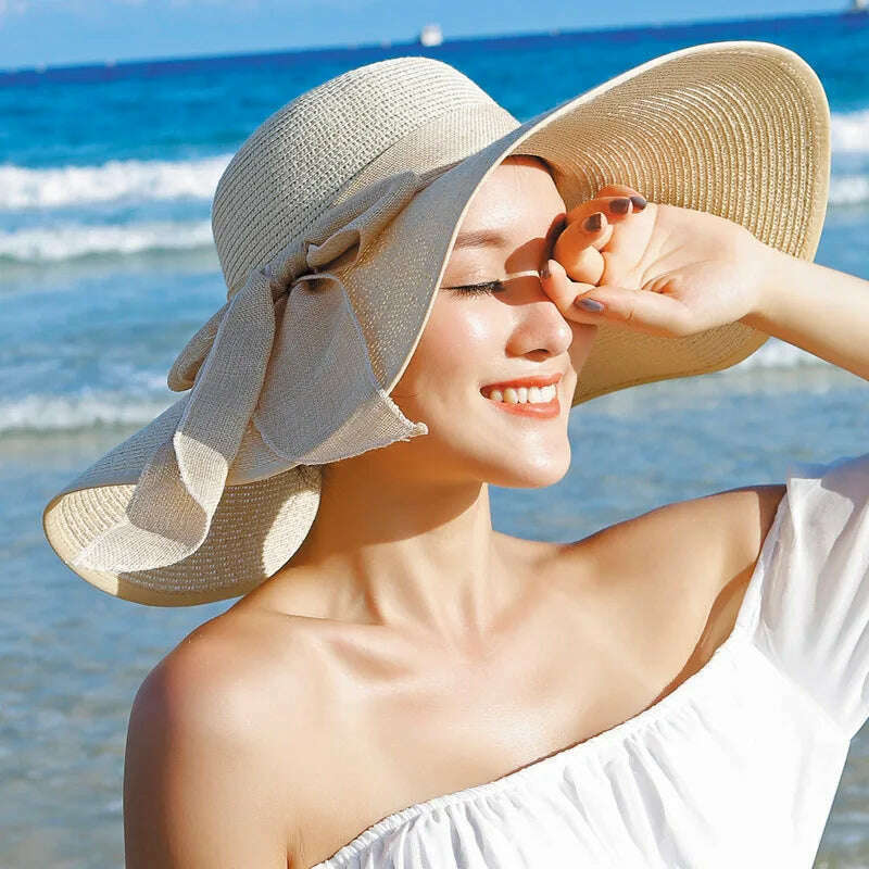 2023 Summer Women Straw Hat Bowknot Wide Brim Floppy Panama Hats Female Lady Outdoor Foldable Beach Sun Cap Uv Protection Hats - KIMLUD