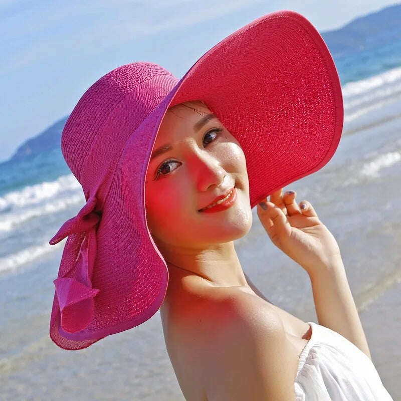 KIMLUD, 2023 Summer Women Straw Hat Bowknot Wide Brim Floppy Panama Hats Female Lady Outdoor Foldable Beach Sun Cap Uv Protection Hats, KIMLUD Womens Clothes