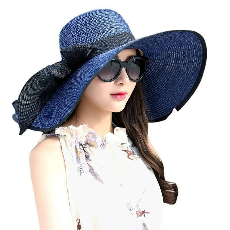 KIMLUD, 2023 Summer Women Straw Hat Bowknot Wide Brim Floppy Panama Hats Female Lady Outdoor Foldable Beach Sun Cap Uv Protection Hats, KIMLUD Womens Clothes