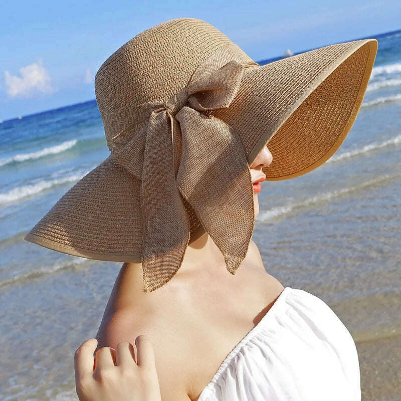 KIMLUD, 2023 Summer Women Straw Hat Bowknot Wide Brim Floppy Panama Hats Female Lady Outdoor Foldable Beach Sun Cap Uv Protection Hats, Khaki, KIMLUD Womens Clothes